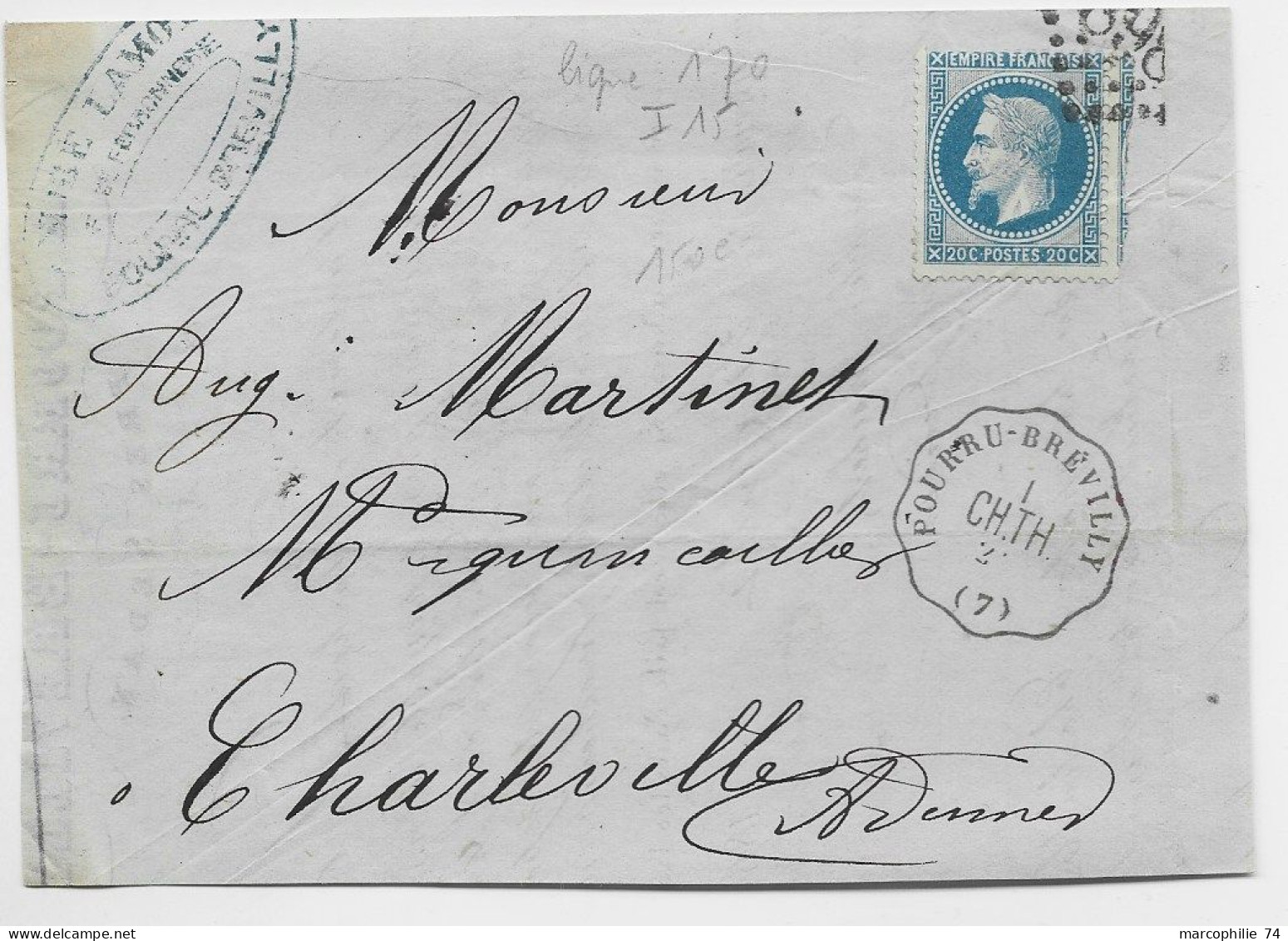 FRANCE LAURE 20C DEVANT LETTRE FRONT COVER GC + CONVOYEUR STATION FOURRU BREVILLY CH TH ARDENNES COTE 150€ - Poste Ferroviaire