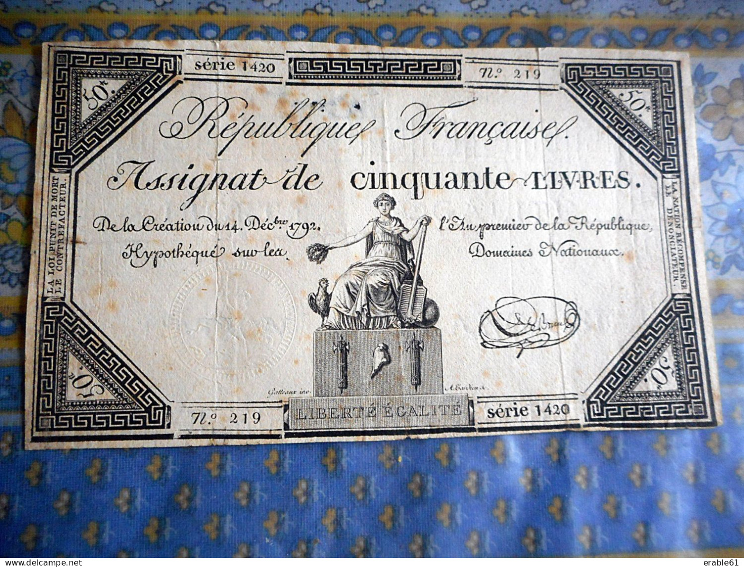 ASSIGNAT DE CINQUANTE LIVRES SERIE 1420 N° 219 Création Du 14 Decembre 1792 - Assignats