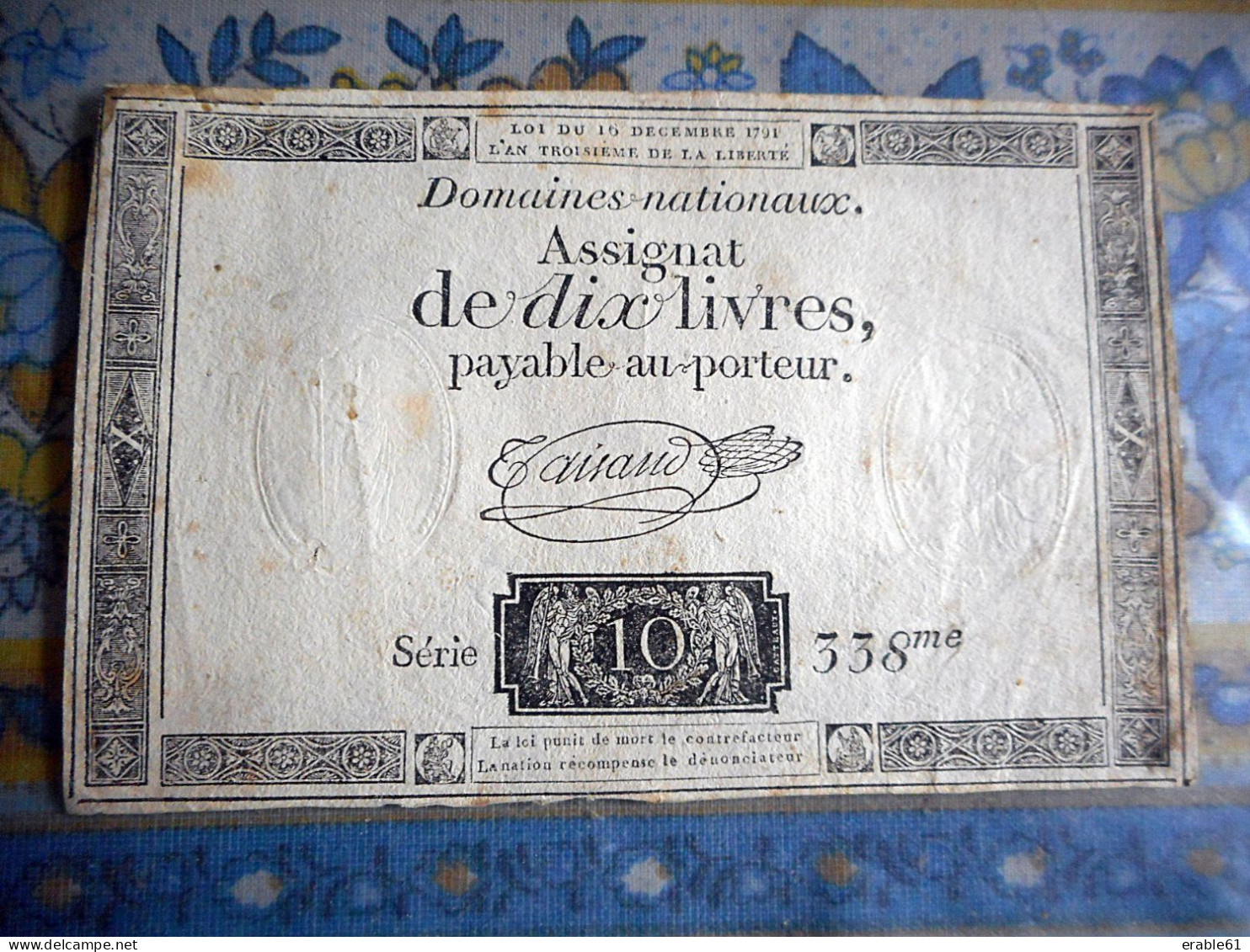 ASSIGNAT DE DIX LIVRES PAYABLE AU PORTEUR SERIE 10 338 EME LOI DU 16 DECEMBRE 1791 - Assignats & Mandats Territoriaux