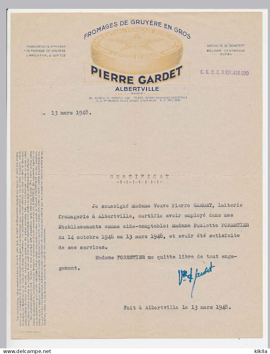 Papier à Lettre à En-tête De PIERRE GARDET Albertville Savoie Fromages De Gruyère En Gros* - 1900 – 1949