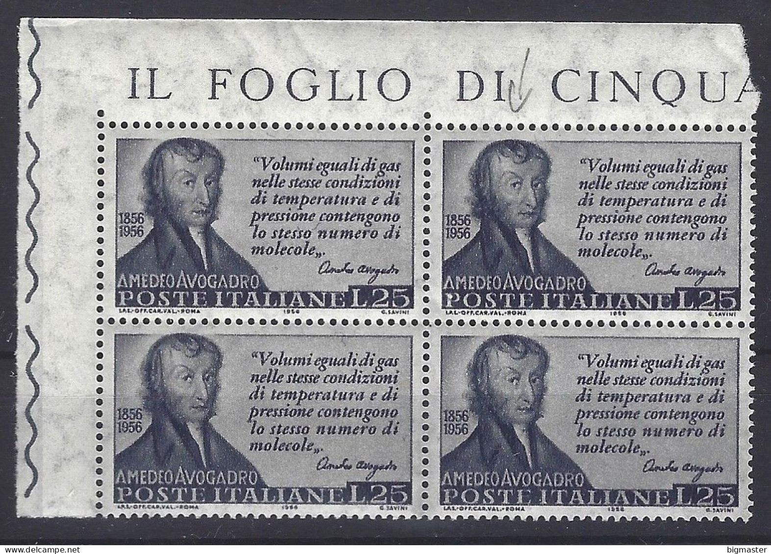 1956 Italia 802 Amedeo Avogadro Quartina Ang. Mnh** - 1946-60: Neufs