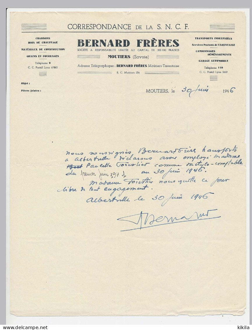 Papier à Lettre à En-tête De BERNARD FRERES à Moutiers Savoie Transports, Charbons, Bois De Chauffage Grains Fourrage * - 1900 – 1949