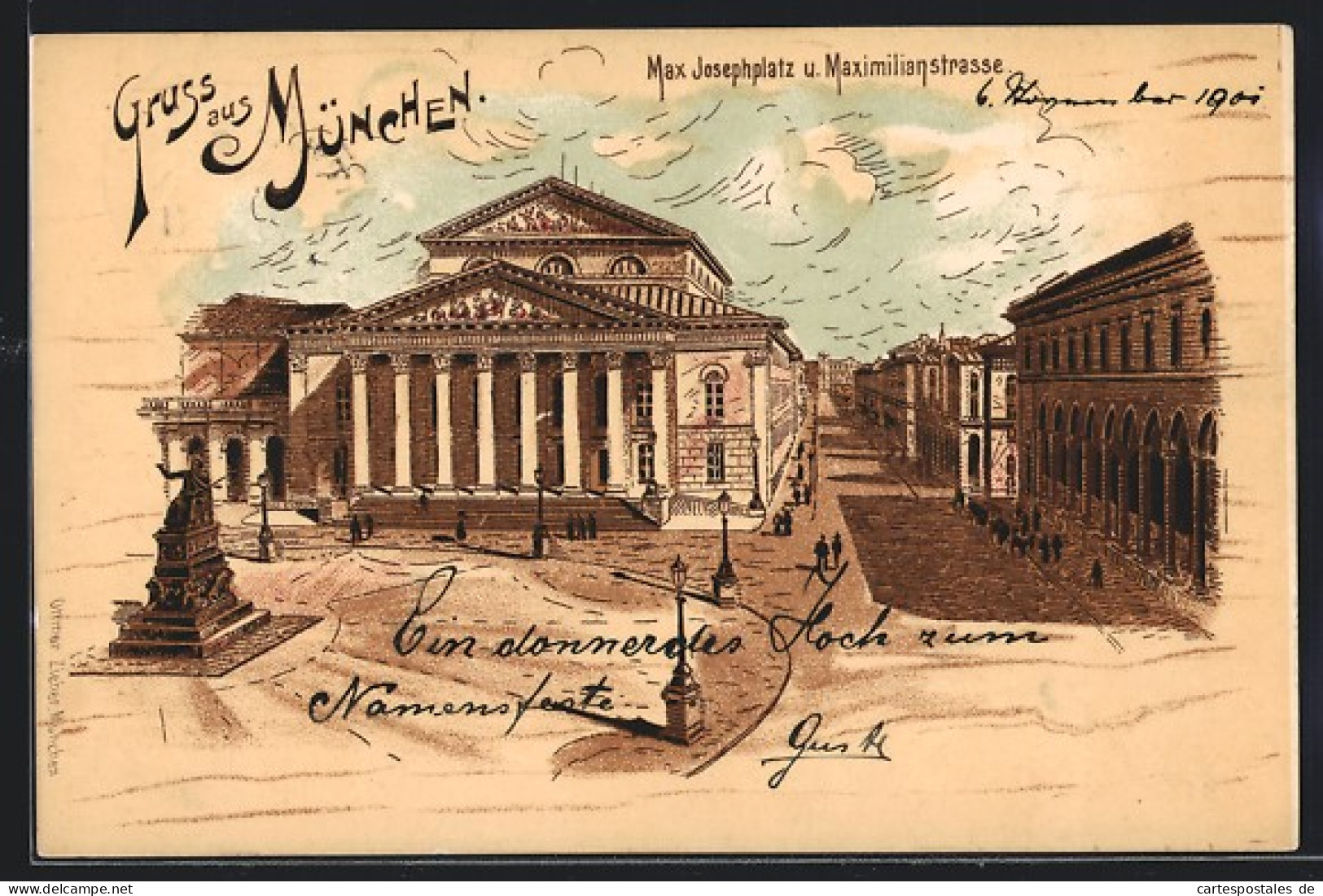 Lithographie München, Max Josephplatz U. Maximilianstrasse  - Muenchen