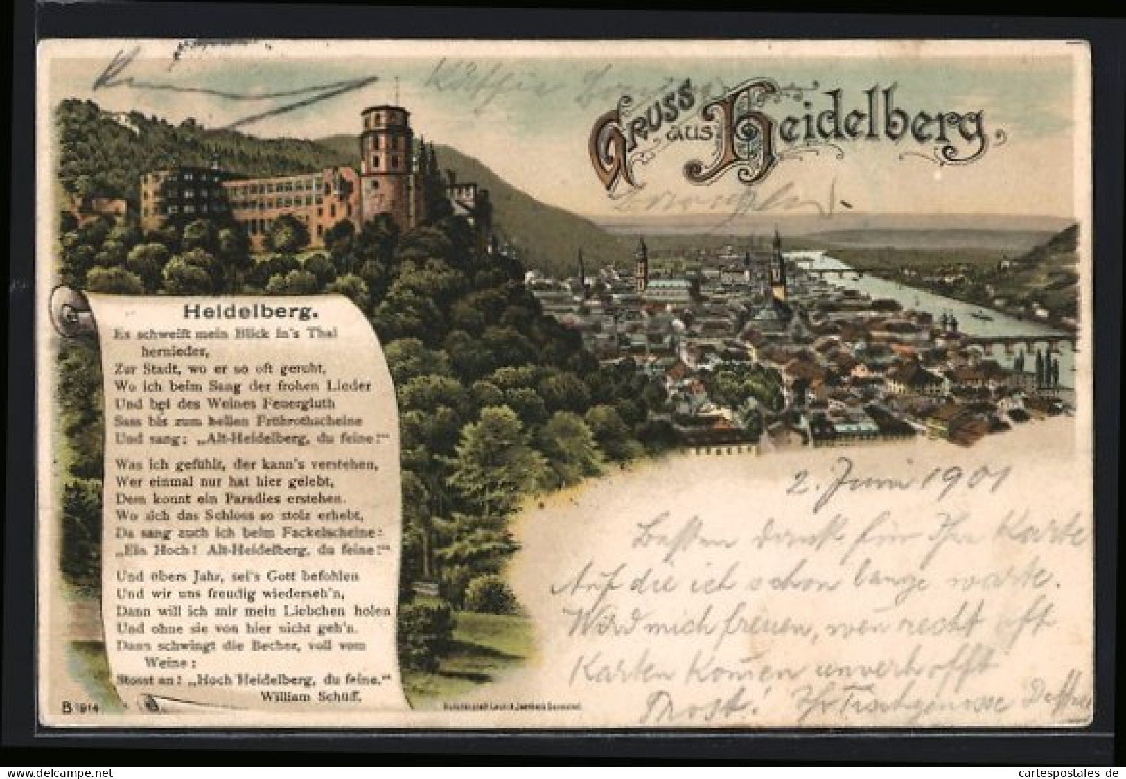 Lithographie Heidelberg, Totalansicht Aus Der Vogelschau, Gedicht  - Heidelberg