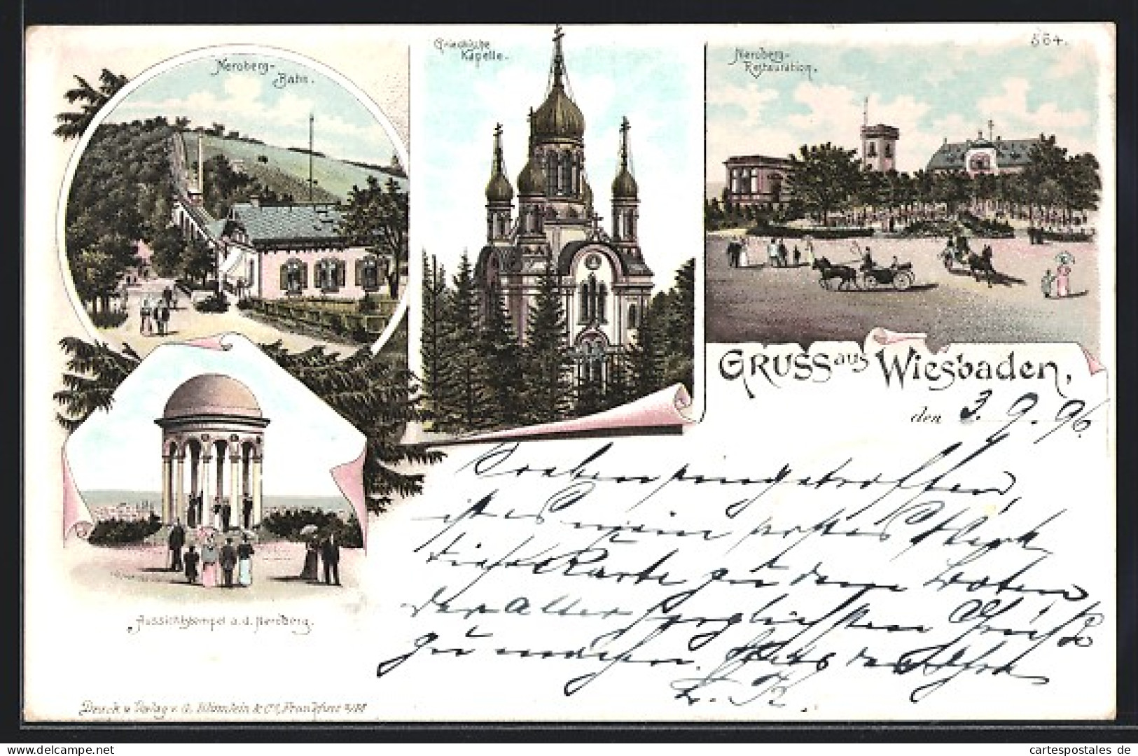 Lithographie Wiesbaden, Neroberg-Restaurant, Neroberg-Bahn, Griechische-Kapelle  - Wiesbaden