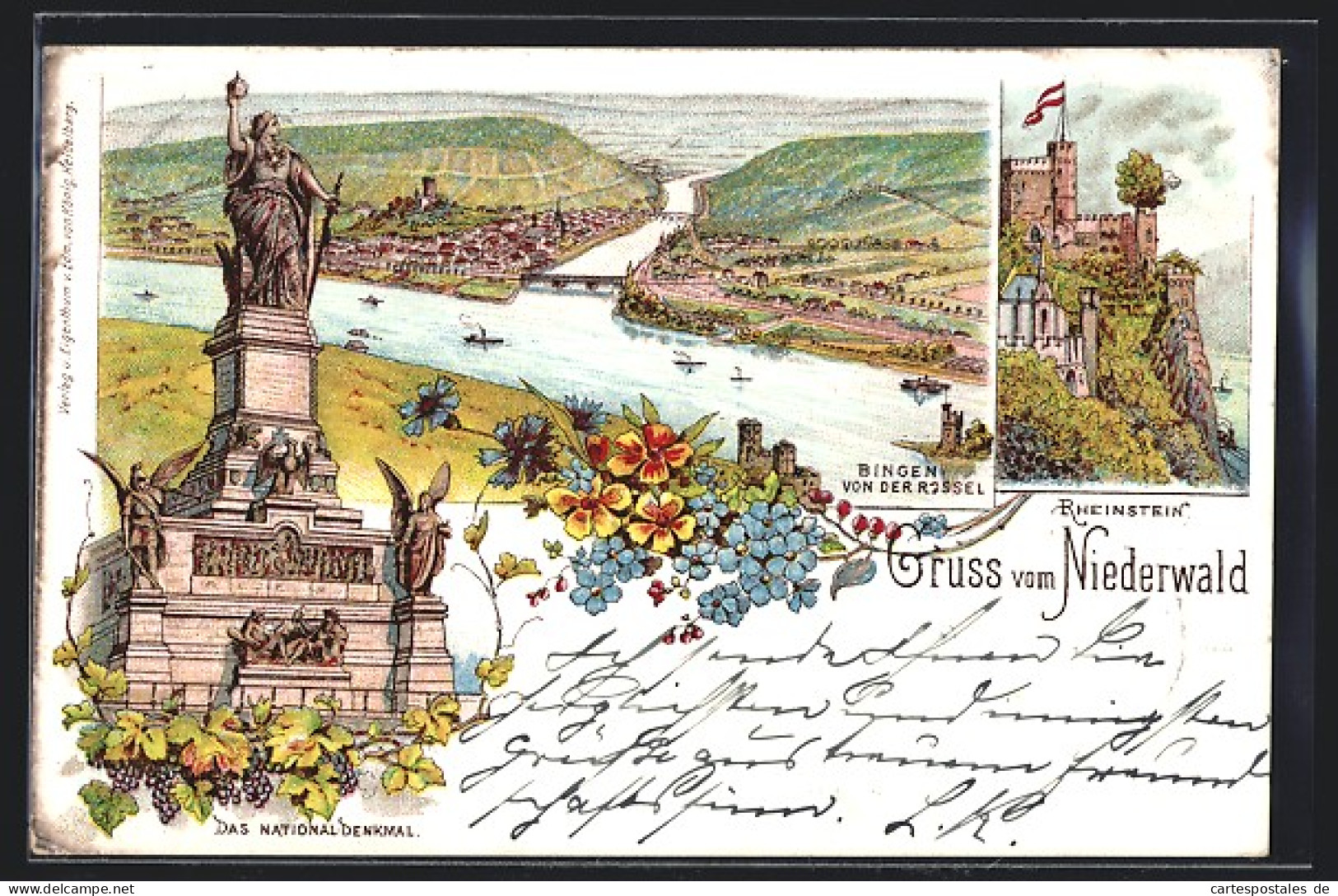 Lithographie Rüdesheim, Bingen Von Der Rossel, Rheinstein, Niederwald Nationaldenkmal  - Ruedesheim A. Rh.