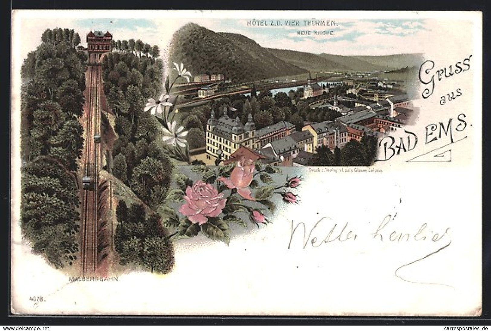 Lithographie Bad Ems, Malbergbahn, Neue Kirche, Hotel Z. D. Vier Thürmen  - Bad Ems