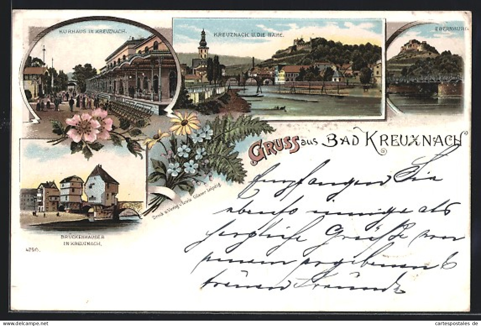 Lithographie Bad Kreuznach, Kurhaus, Brückenhäuser, Ebernburg  - Bad Kreuznach