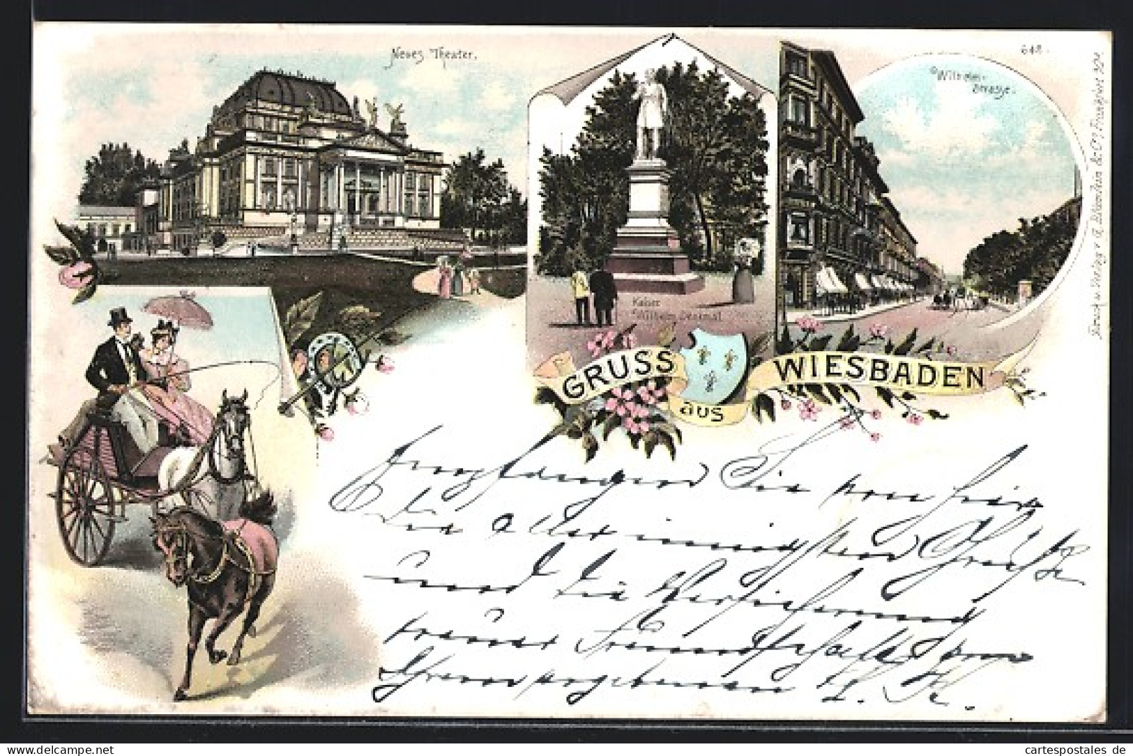 Lithographie Wiesbaden, Neues Theater, Kaiser Wilhelm Denkmal, Wilhelmstrasse  - Theatre