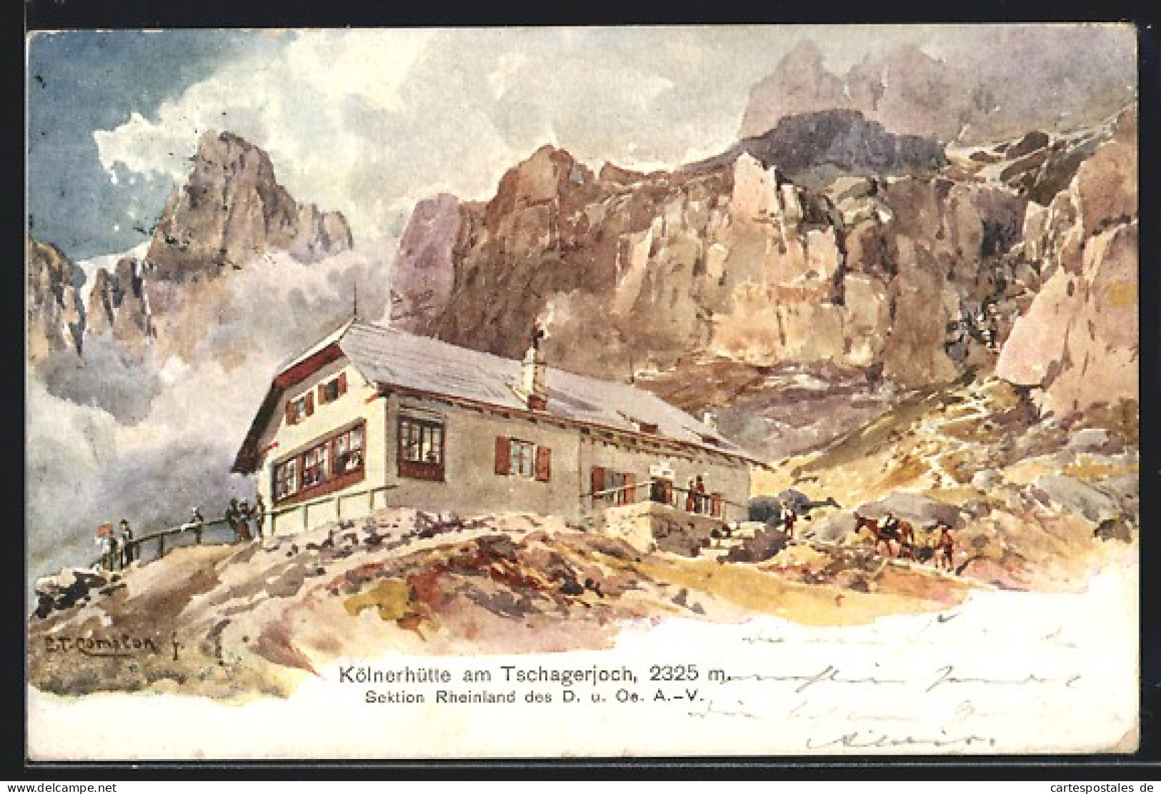 Künstler-AK Edward Theodore Compton: Kölner-Hütte, Rosengarten, Tschagerjoch  - Compton, E.T.