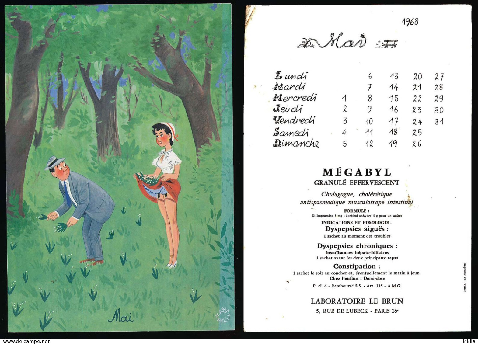 Carton 16 X 23 Illustrateur JEAN BELLUS Forêt Muguet Jeune Fille Bas Calendrier Mai 1968 Publicité Laboratoires Le Brun* - Other & Unclassified