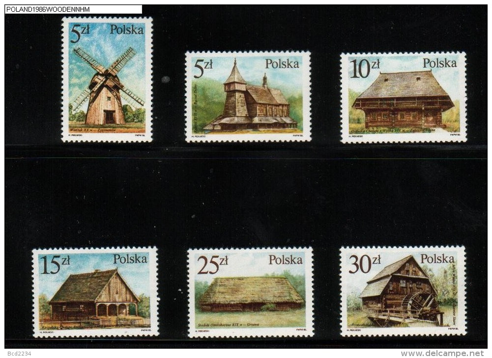 POLAND 1986 WOODEN BUILDINGS NHM Churches Houses Windmills Thatched Roofs - Unused Stamps