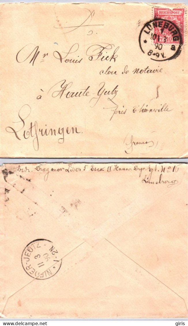 Allemagne - Lettre Reichspost 10 Pf - Poststempel Luneburg 1890 - Poststempel Nieder - Jeutz 1890 - Autres & Non Classés