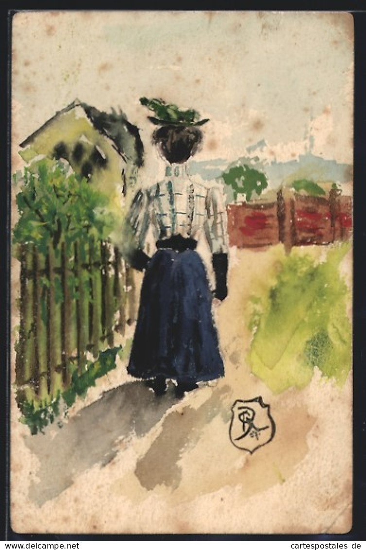 Künstler-AK Handgemalt: Frau Läuft Durch Ort  - 1900-1949