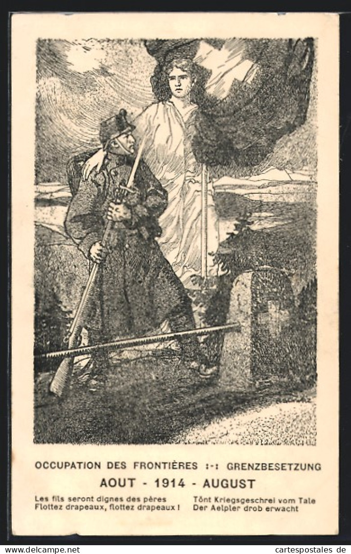 Künstler-AK Grenzbesetzung August 1914, Tönt Kriegschrei Vom Tale Der Aelpler Drob Erwacht, Helvetia  - Other & Unclassified