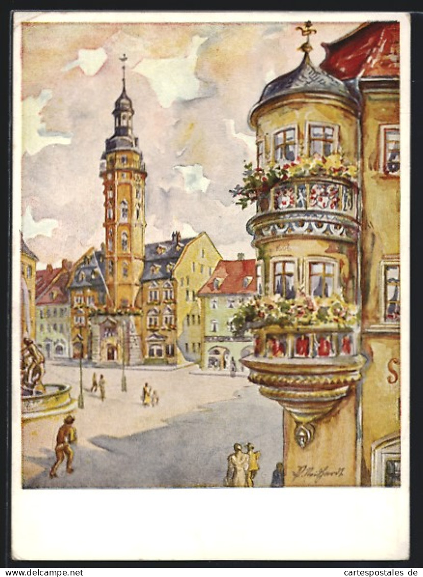 Künstler-AK Gera, Marktplatz Mit Rathaus & Erker Der Stadtapotheke  - Gera