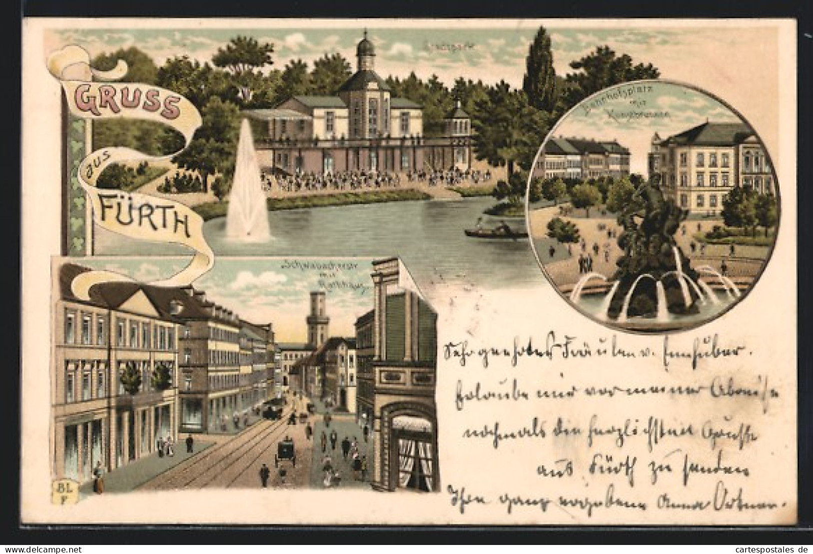 Lithographie Fürth, Restaurant Im Stadtpark, Bahnhofsplatz Mit Kunstbrunnen, Rathaus  - Fuerth