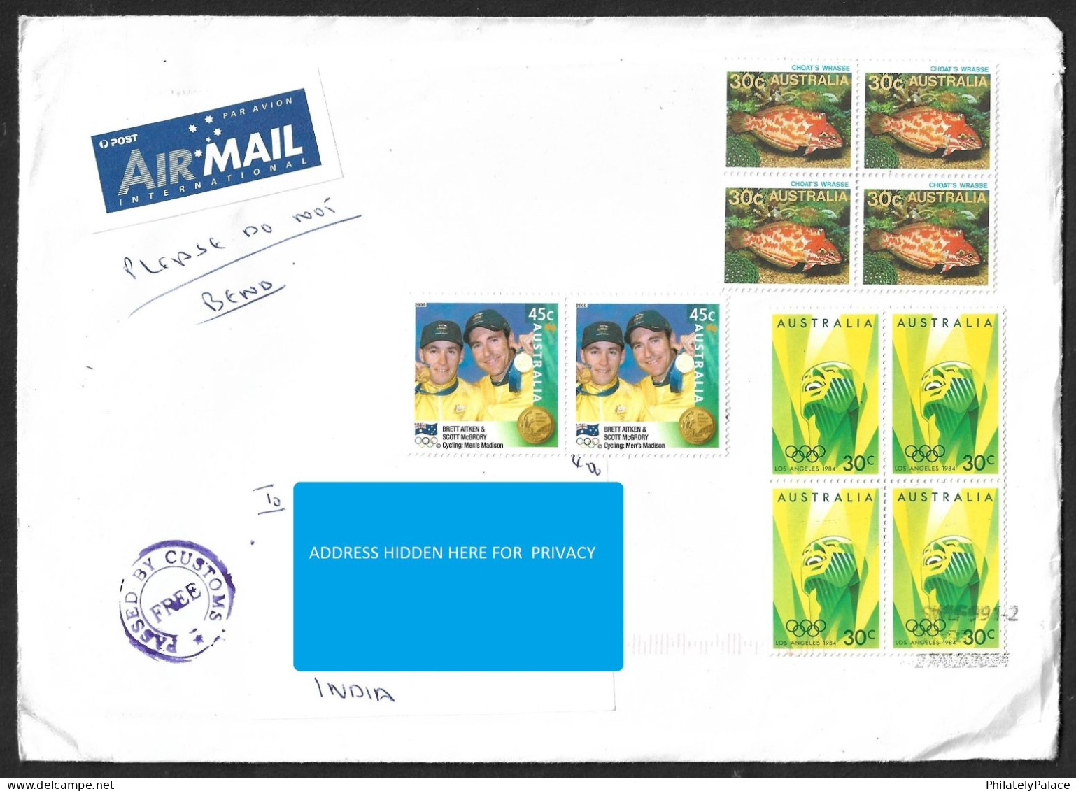 Australia 1984 Olympics,Los Angeles,Tokyo Olympic 2020,Fish Wrasse,Cover To India (**) Inde Indien - Covers & Documents