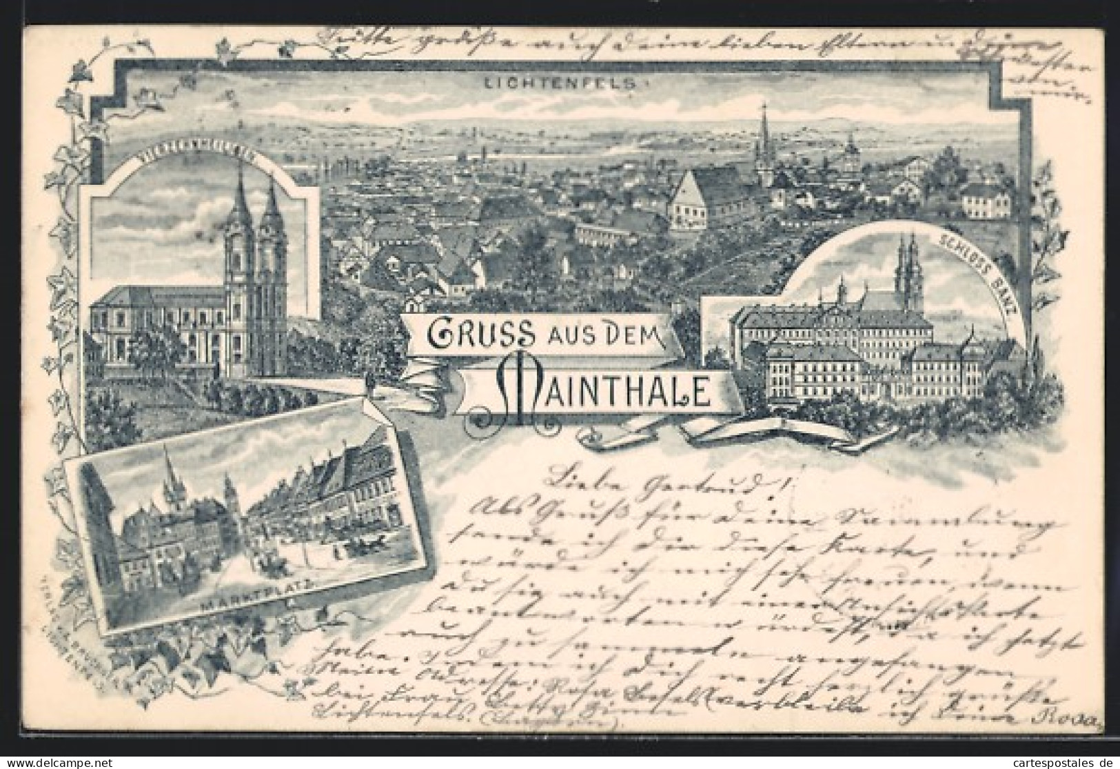 Lithographie Lichtenfels /Mainthale, Schloss Banz, Vierzehnheiligen, Marktplatz  - Lichtenfels