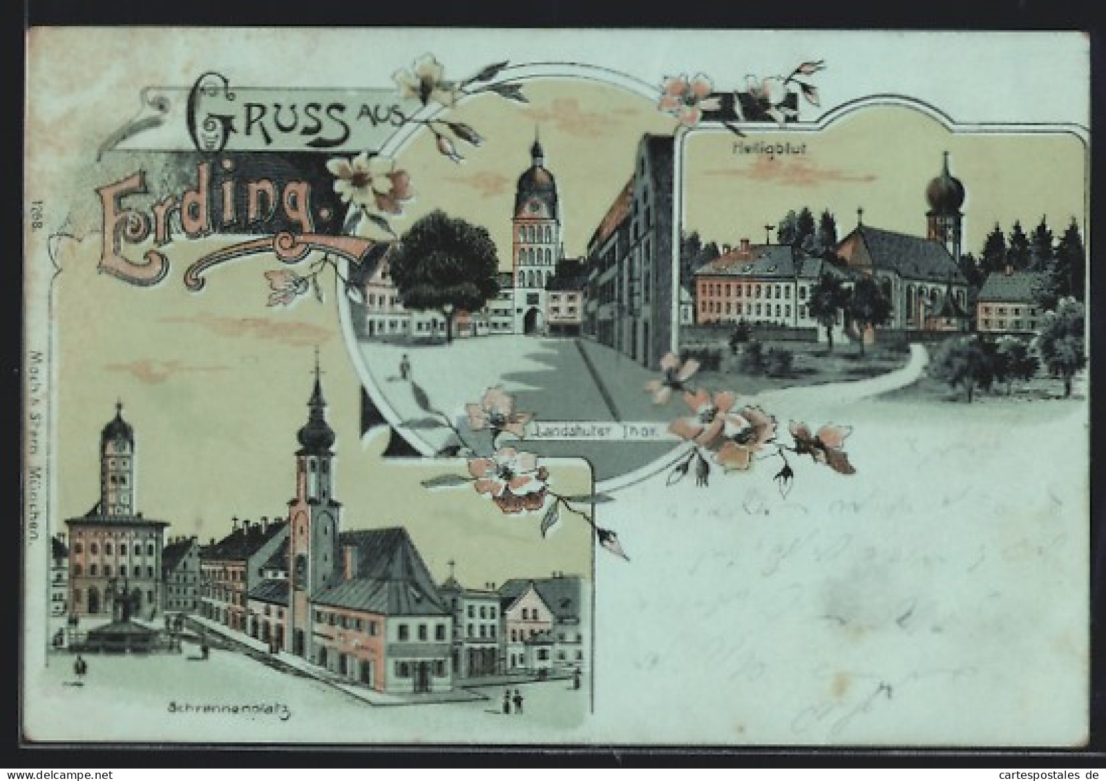 Lithographie Erding, Schrannenplatz Mit Kirche, Landshuter Tor, Kirche Heiligenblut  - Landshut