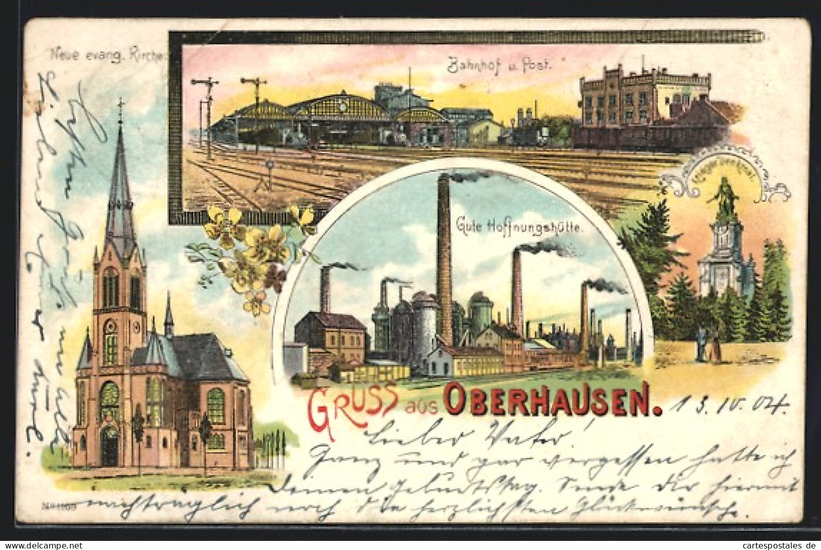 Lithographie Oberhausen / Rheinland, Bahnhof & Post, Gute Hoffnungshütte, Neue Evang. Kirche, Krieger-Denkmal  - Oberhausen