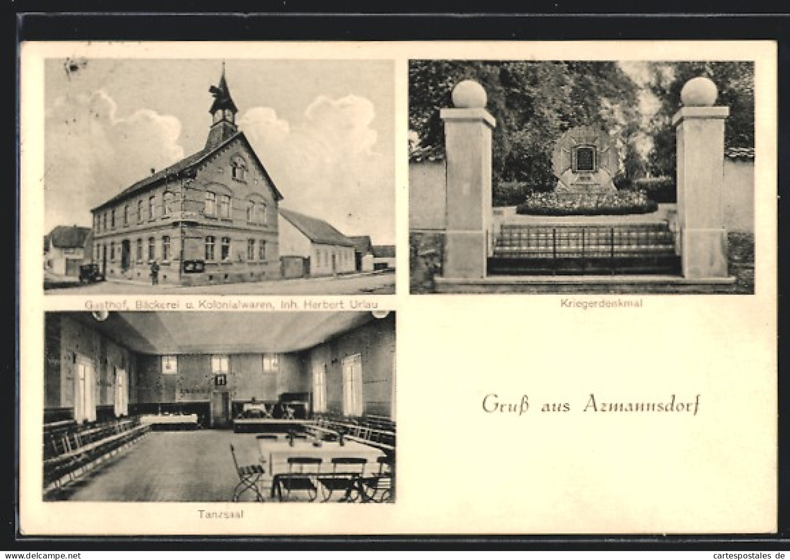 AK Azmannsdorf über Erfurt, Gasthof-Bäckerei H. Urlau Mit Tanzsaal, Kriegerdenkmal  - Erfurt