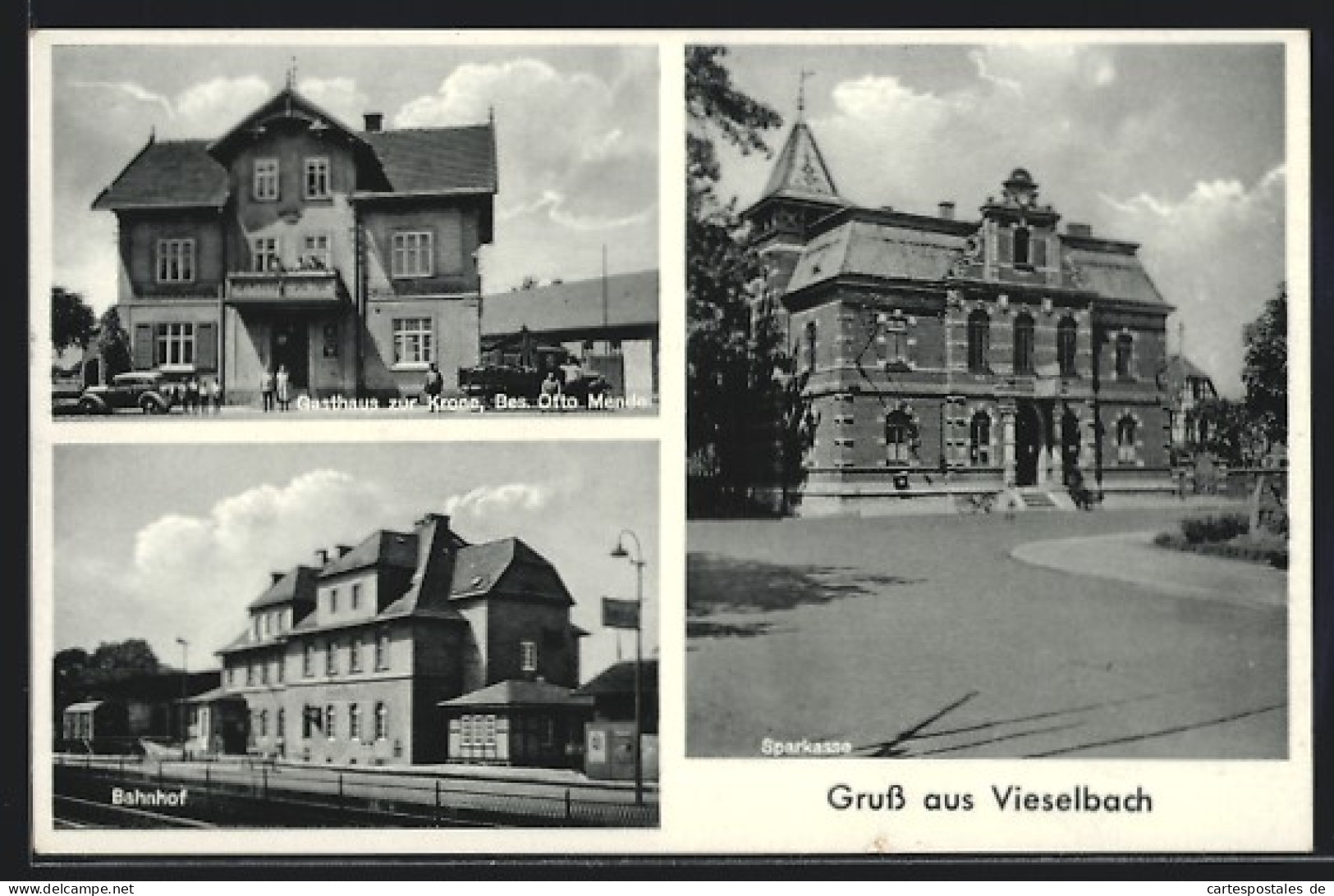 AK Vieselbach, Gasthaus Zur Krone, Bahnhof, Sparkasse  - Other & Unclassified
