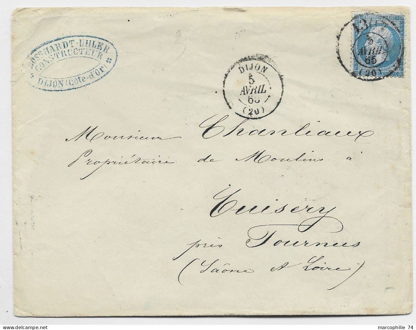FRANCE N° 22 BUREAU DE PASSE 1307 5 AVRIL 1865 LETTRE + TYPE 15 DIJON 5 AVRIL 1865 ((20) - 1849-1876: Classic Period