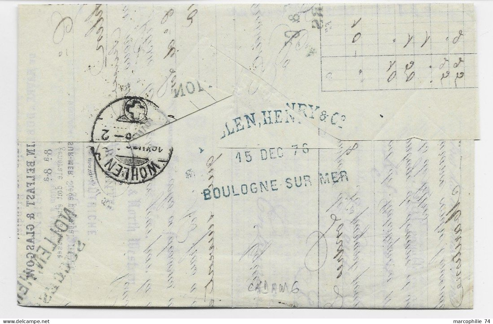 FRANCE SAGE 30C LETTRE AMBULANT CALAIS A PARIS 2° 15 DEC 1876 D  BOULOGNE SUR MER PAS DE CALAIS POUR SUISSE - 1877-1920: Semi Modern Period