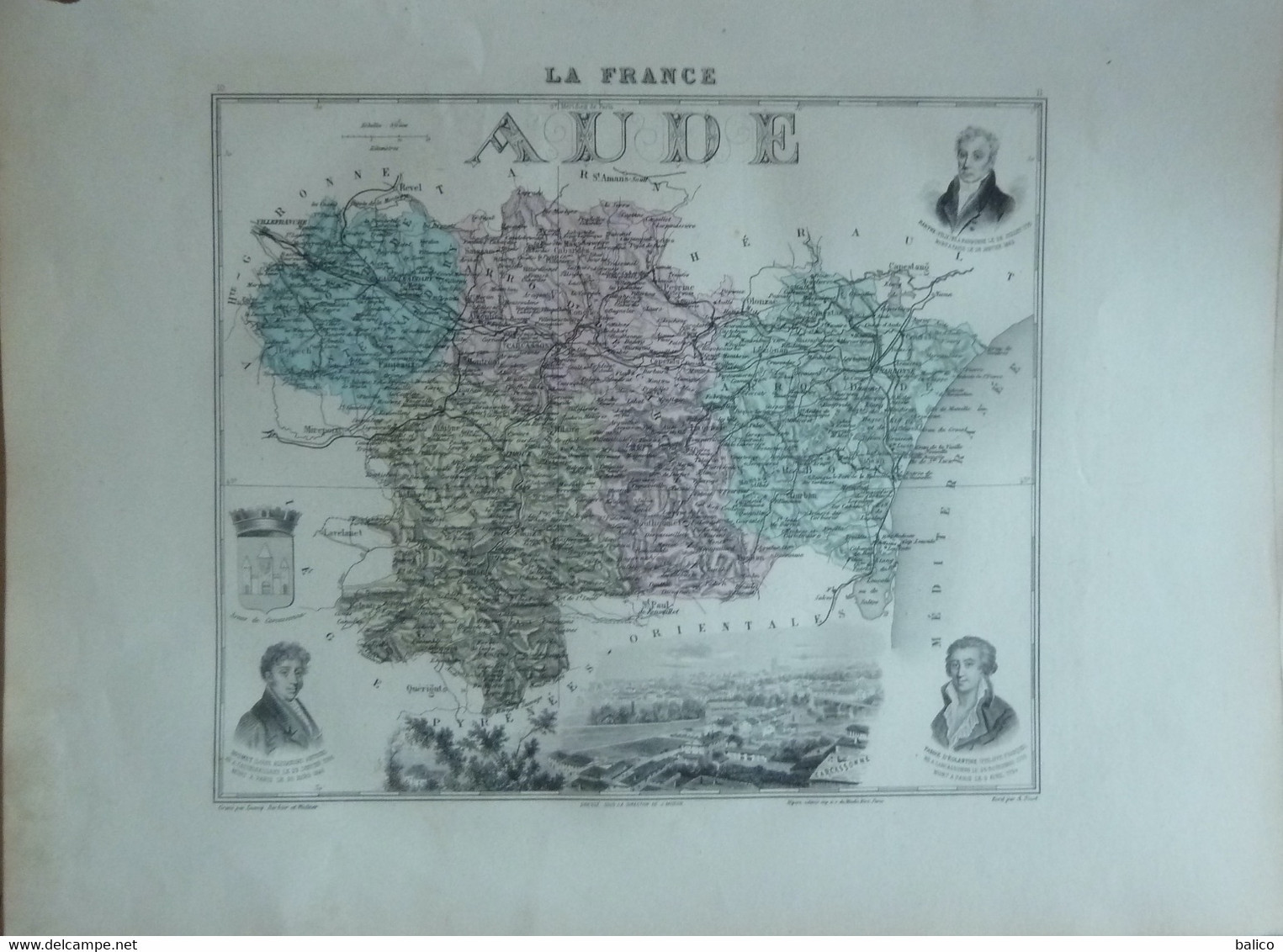 Gravure 19 ème.  Atlas Migeon  1893 CARTE DU DÉPARTEMENT  "Aude 11 ---( Prix Très Bas, Cause Retraite ) - Geographical Maps