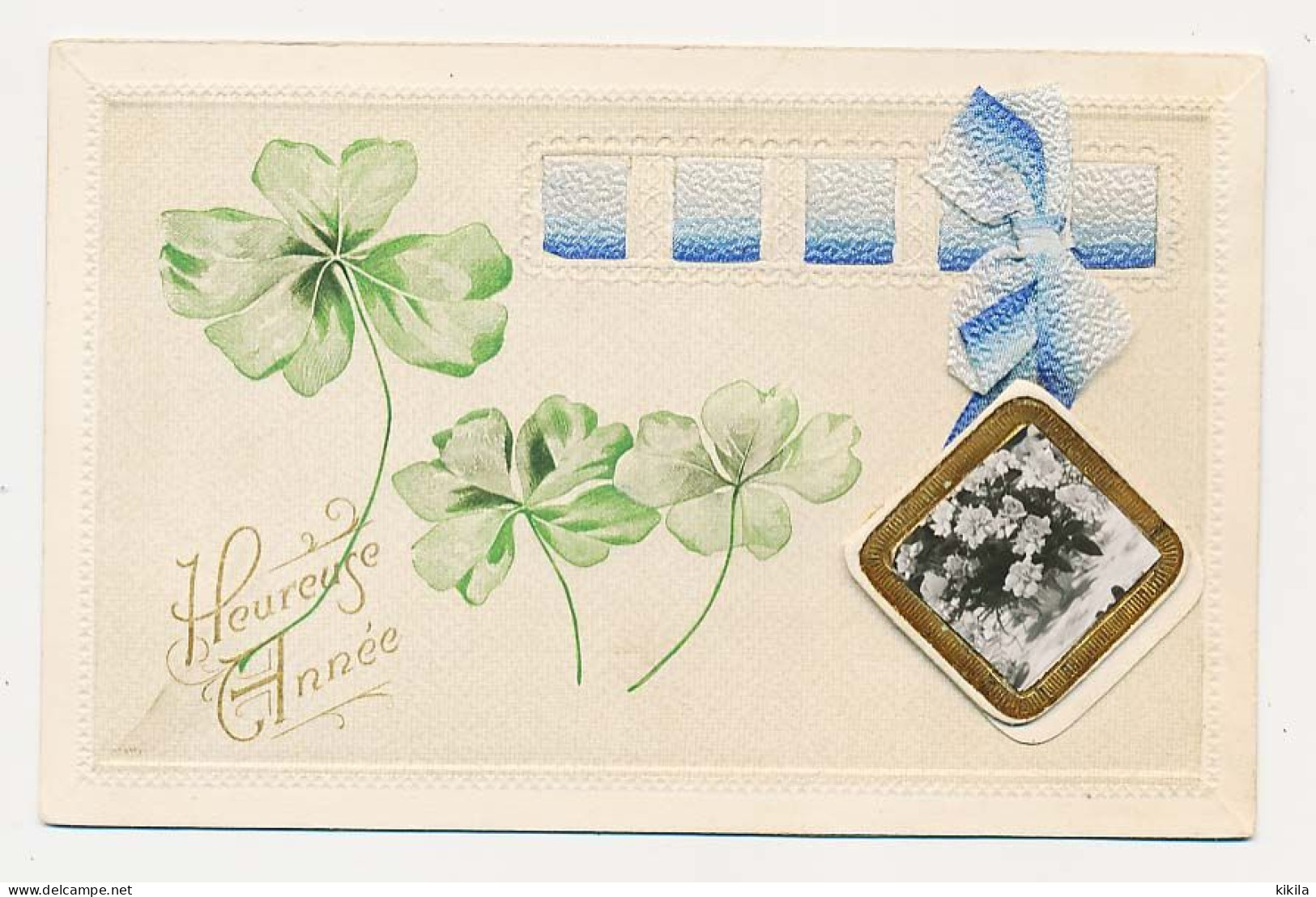 CPA Avec Petit Calendrier 1908 (3) Entourage Et Trèfle à Quatre Feuilles Gaufrés  Ruban  Heureuse Année   Bouquet Fleurs - Nouvel An