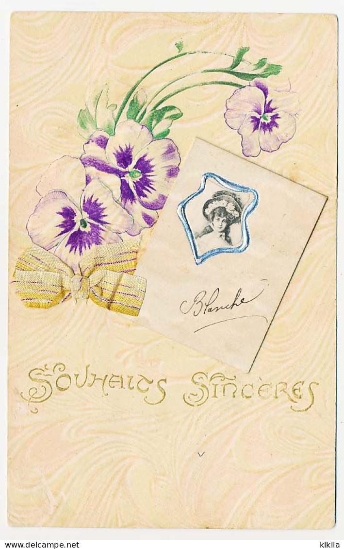 CPA Avec Petit Calendrier 1906 (5)  Pensée Fleurs Gaufrées Ruban  Tête De Femme Souhaits Sincères - Nouvel An