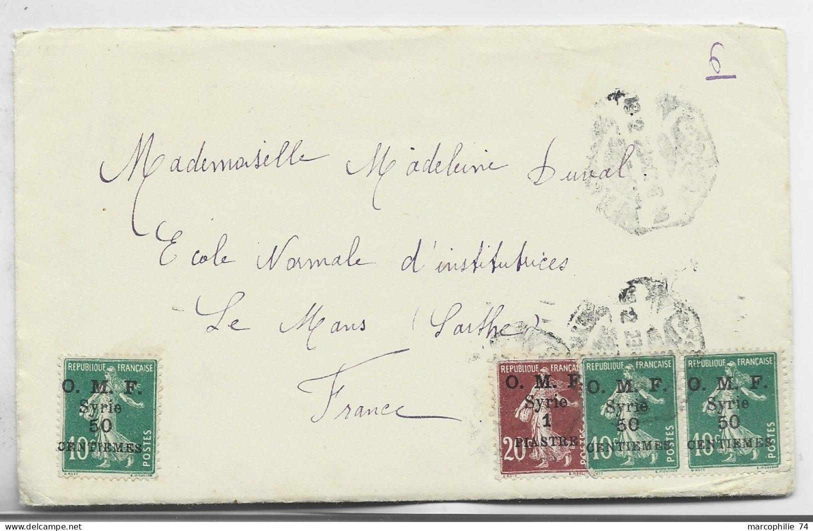 OMF SYRIE SYRIA SEMEUSE 10C VERTX3+20C BRUN LETTRE COVER DAMAS 1923 TO FRANCE - Covers & Documents