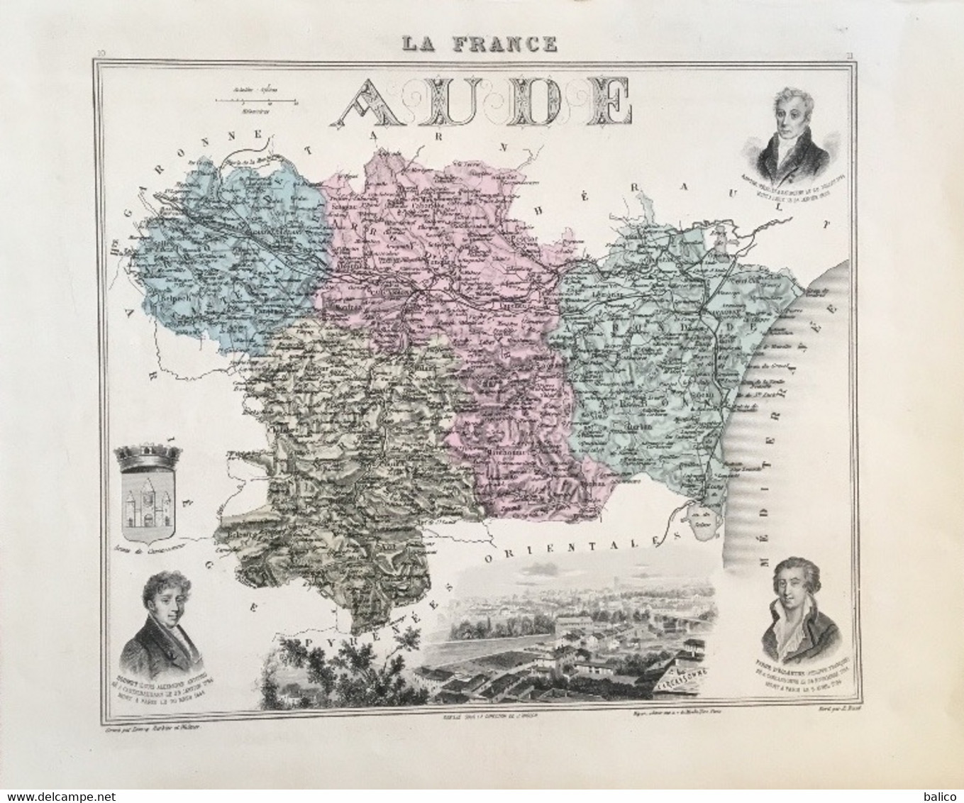 Gravure 19 ème.  Atlas Migeon  1874  CARTE DU DÉPARTEMENT  "Aude 11---( Prix Très Bas, Cause Retraite ) - Geographische Kaarten