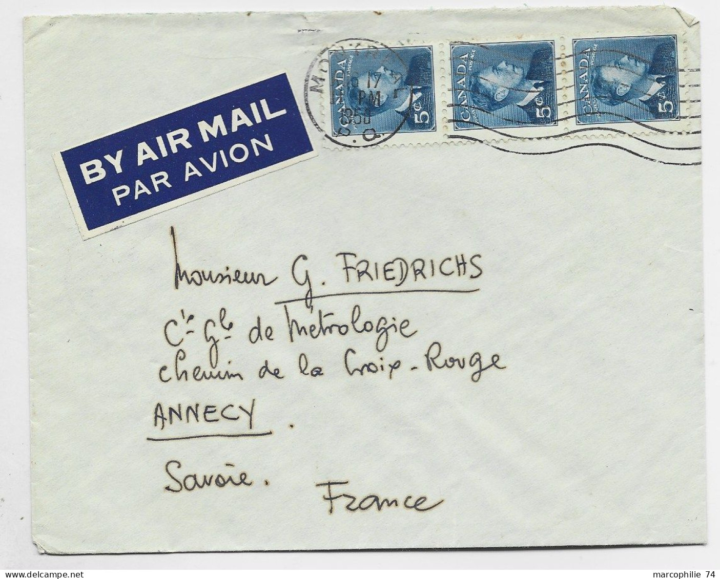 CANADA 5C BANDE DE 3 LETTRE COVER AVION AIR MAIL MONTREAL 1950 TO FRANCE - Covers & Documents