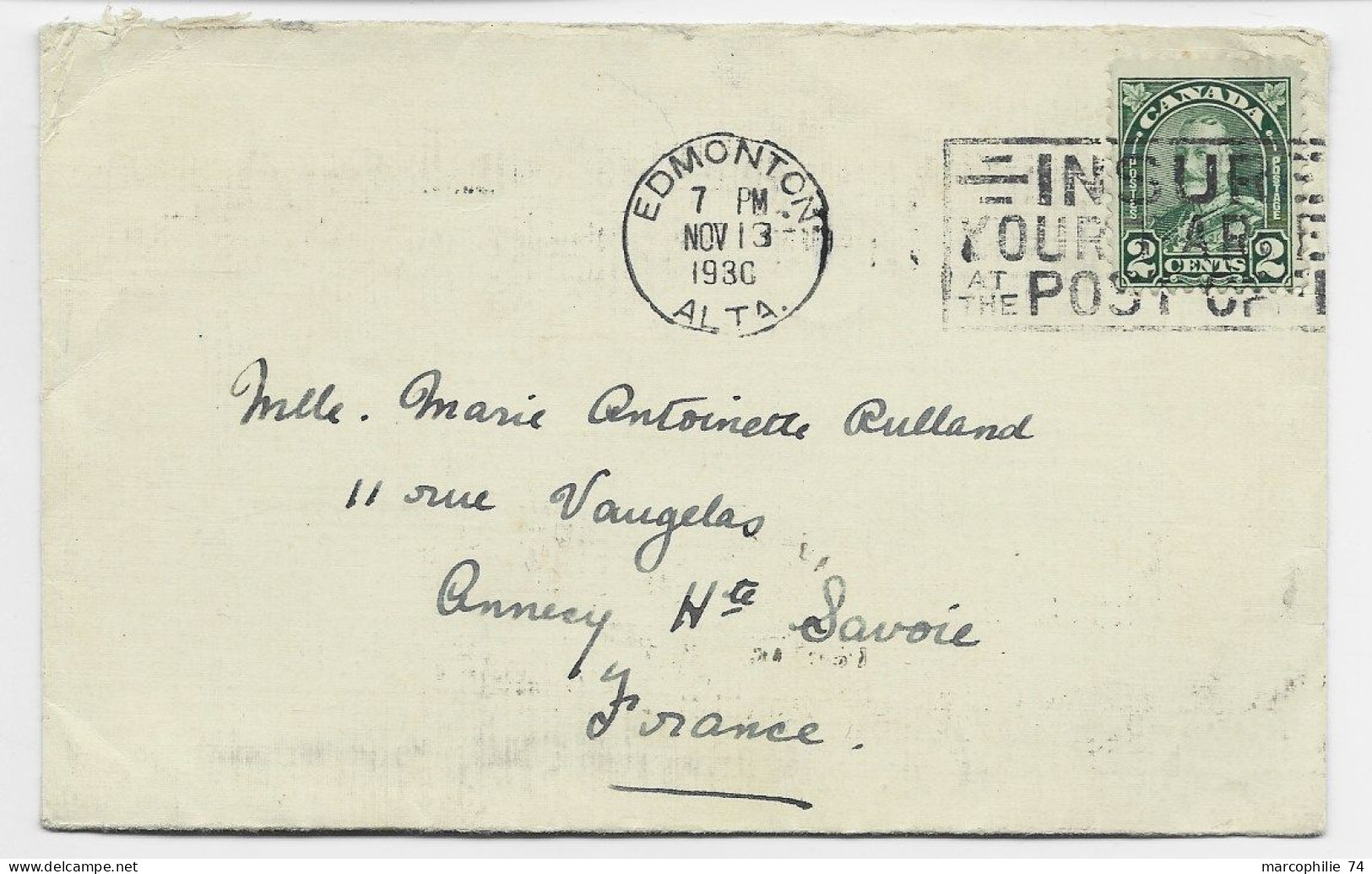 CANADA 2C SOLO LETTRE COVER EDMONTON NOV 19 1930 ALTA TO FRANCE - Briefe U. Dokumente