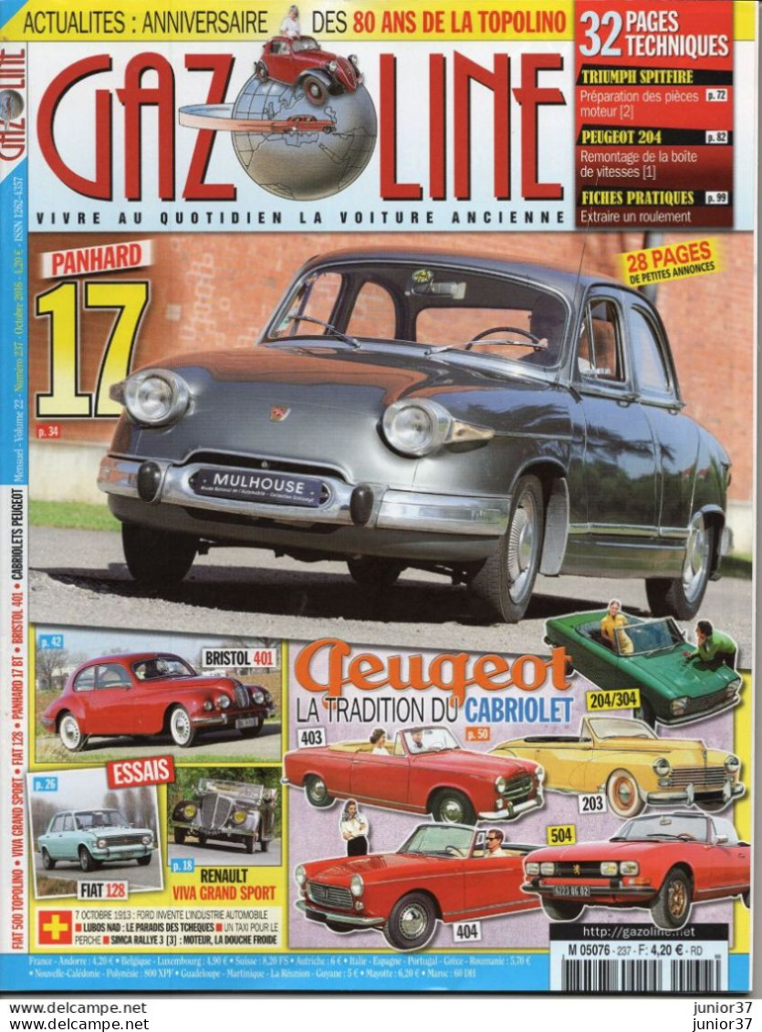 Gazoline N° 237 Panhard 17, Peugeot, Cabriolet, Bristol, Fiat 128, Renault - Auto/Moto