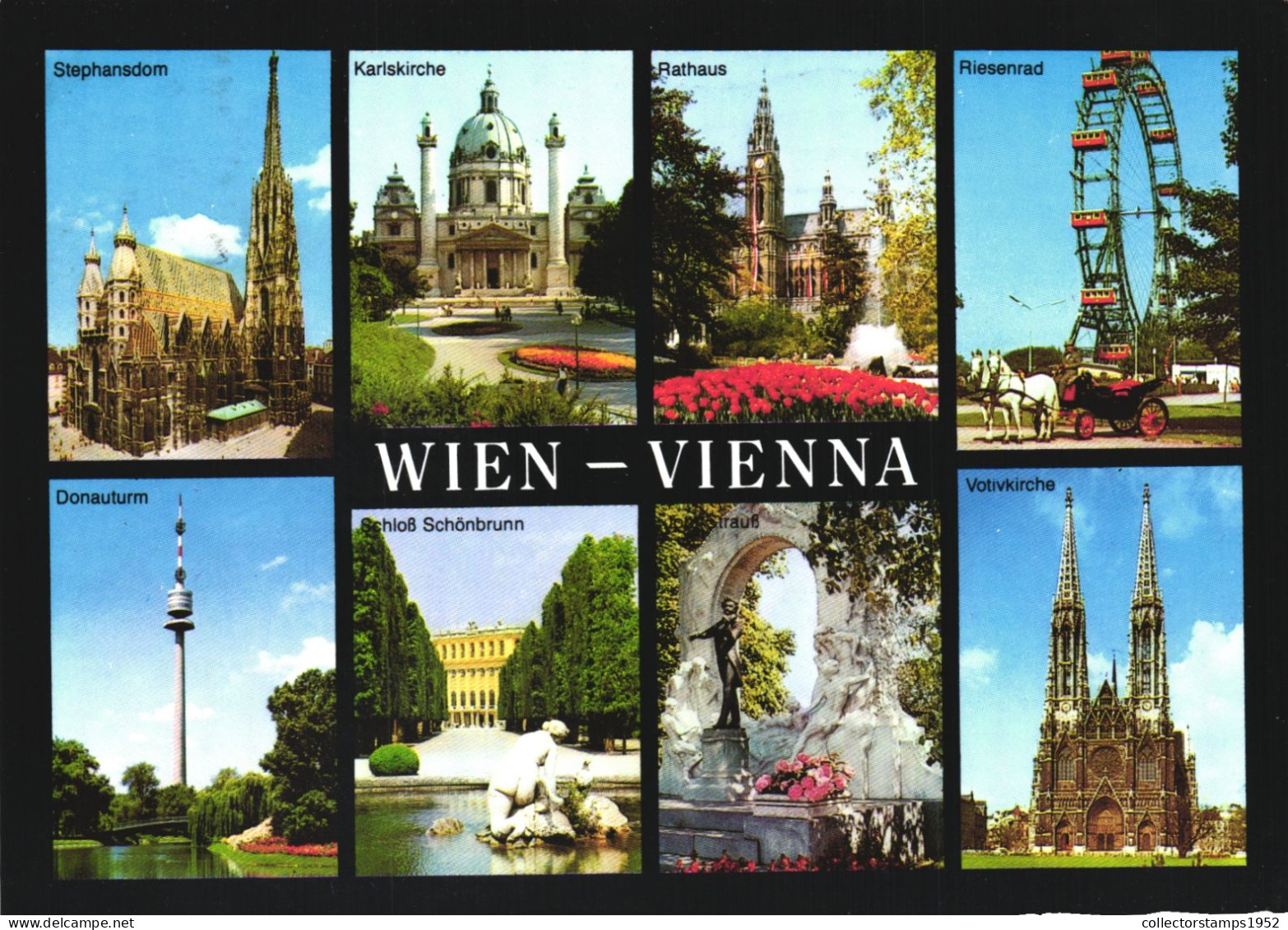 VIENNA, MULTIPLE VIEWS, ARCHITECTURE, CHURCH, PARK, GIANT WHEEL, TOWER, STATUE, FOUNTAIN, AUSTRIA, POSTCARD - Wien Mitte