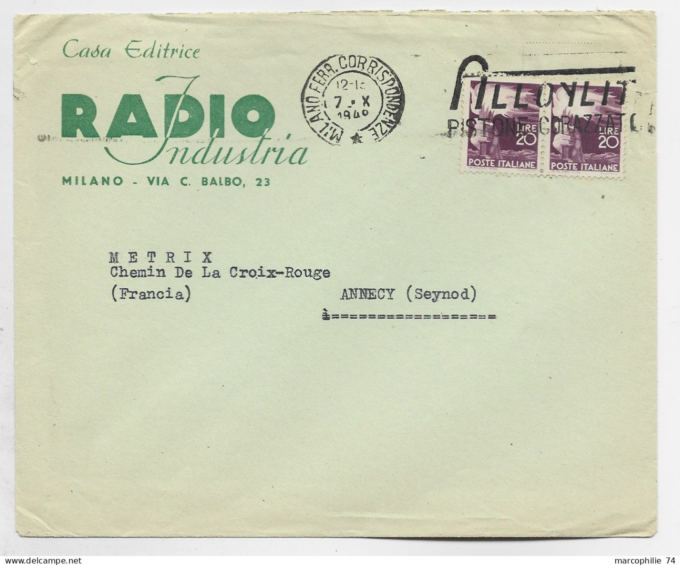 ITALIA 20 LIREX2 LETTRE LETTERA COVER ENTETE RADIO MILANO 1948 TO FRANCE - 1946-60: Marcophilie