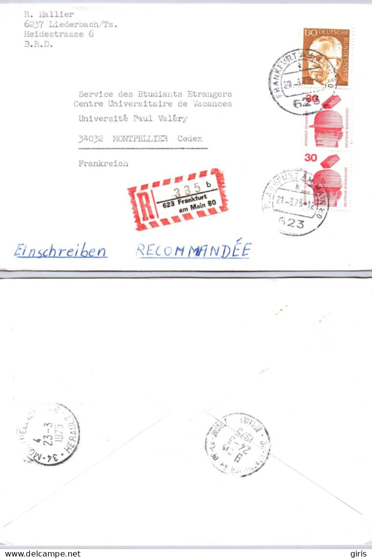 Allemagne - Lettre Einschreiben (335 B ) 623 Frankfurt Am Main 80 - 1975 - Autres & Non Classés