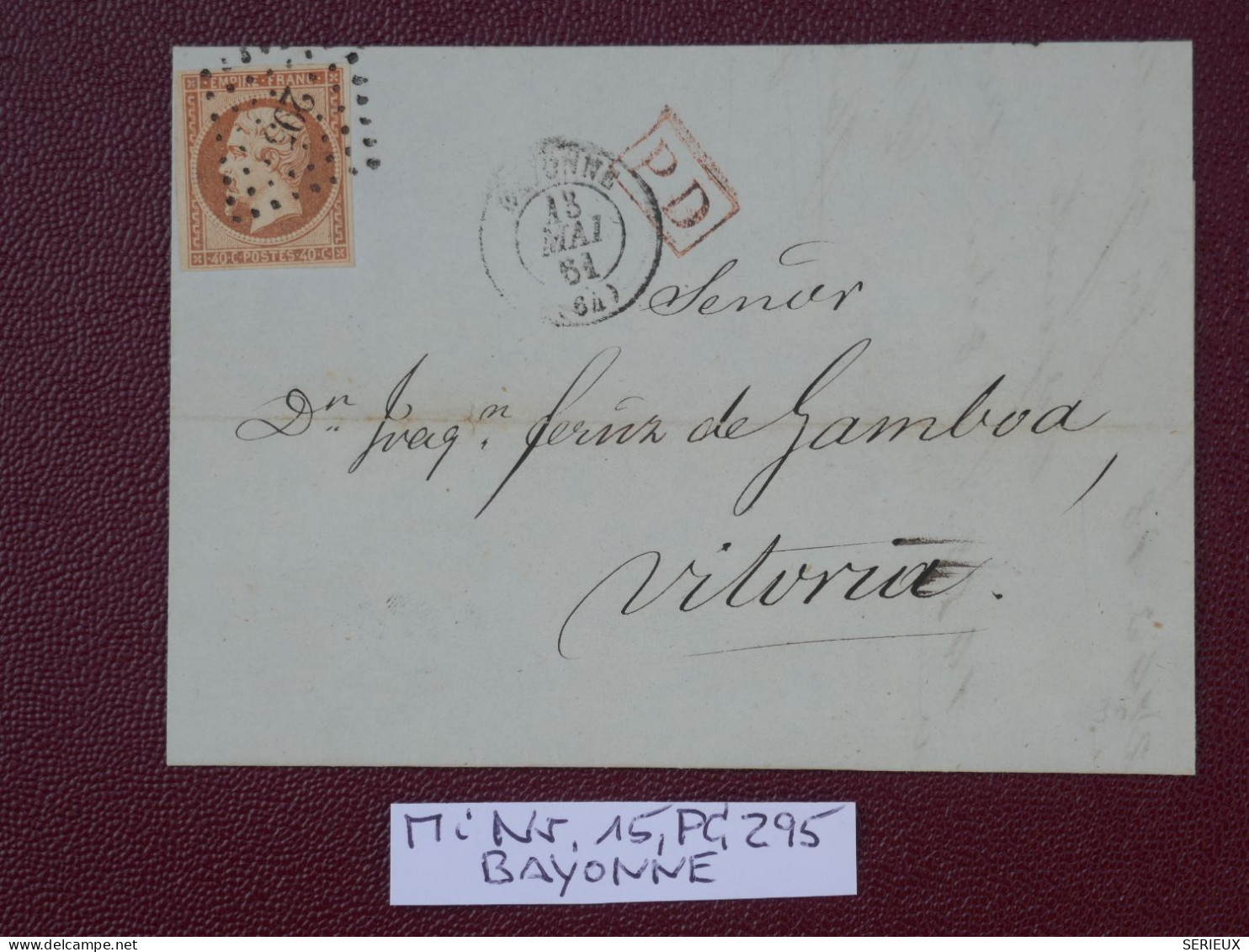 FRANCE LETTRE RR  1861 BAYONNE A VITORIA ESPAGNE   + N°16 + AFF. INTERESSANT+DP7 - 1849-1876: Classic Period