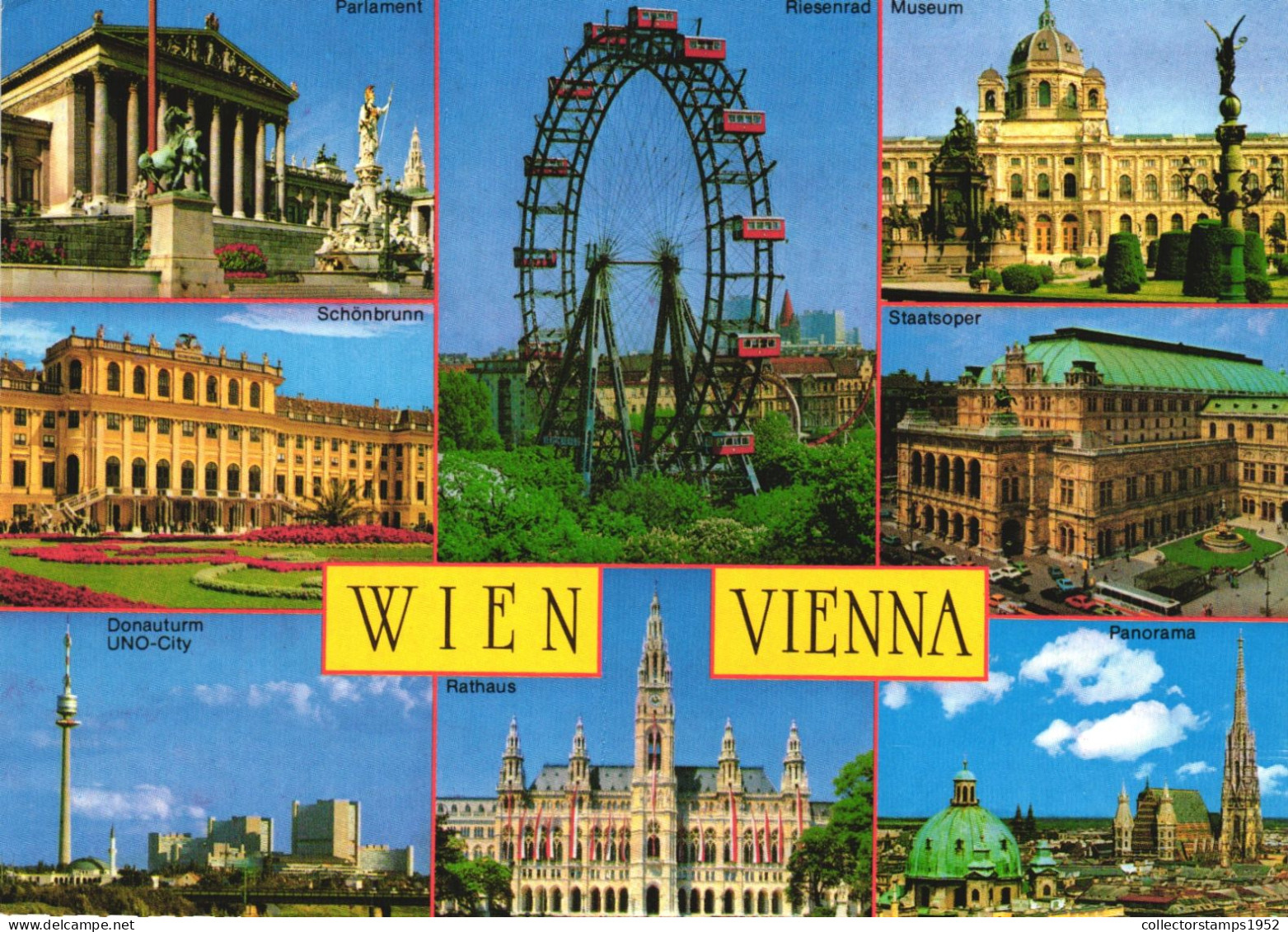 VIENNA, MULTIPLE VIEWS, ARCHITECTURE, STATUE, GIANT WHEEL, PARK, TOWER, AUSTRIA, POSTCARD - Vienna Center
