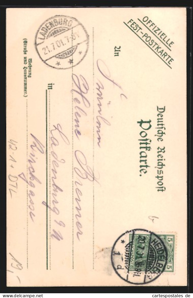 Lithographie Heidelberg, 18. Verbandsschiessen 1901, Hübsches Mädchen Entbietet Den Schützengruss  - Chasse