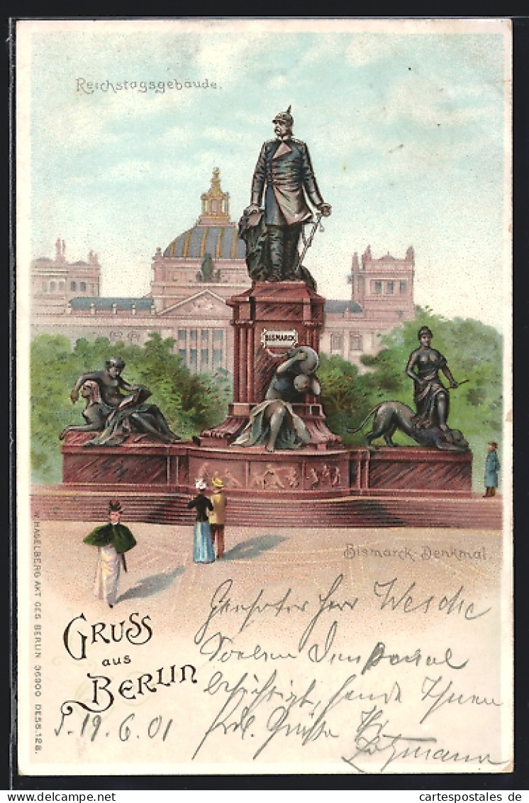 Lithographie Berlin-Tiergarten, Bismarckdenkmal Und Reichstagsgebäude  - Dierentuin