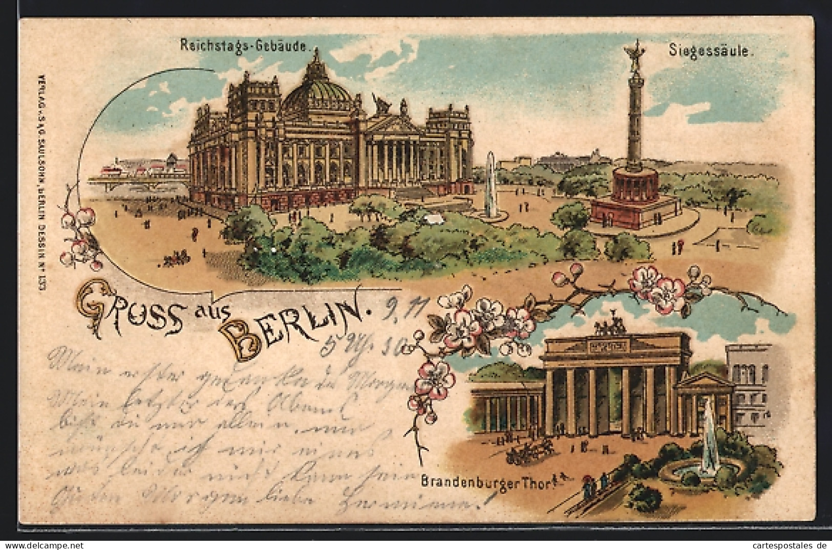 Lithographie Berlin, Reichstags-Gebäude, Siegessäule, Brandenburger Thor  - Dierentuin