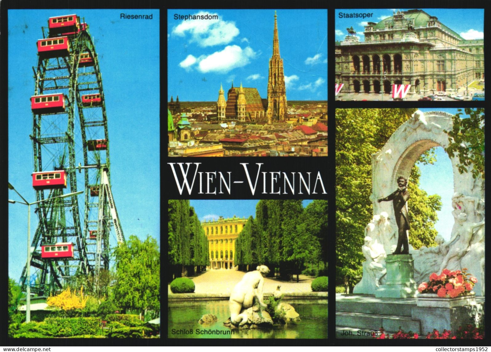 VIENNA, MULTIPLE VIEWS, ARCHITECTURE, GIANT WHEEL, STATUE, FOUNTAIN, CHURCH, AUSTRIA, POSTCARD - Vienna Center