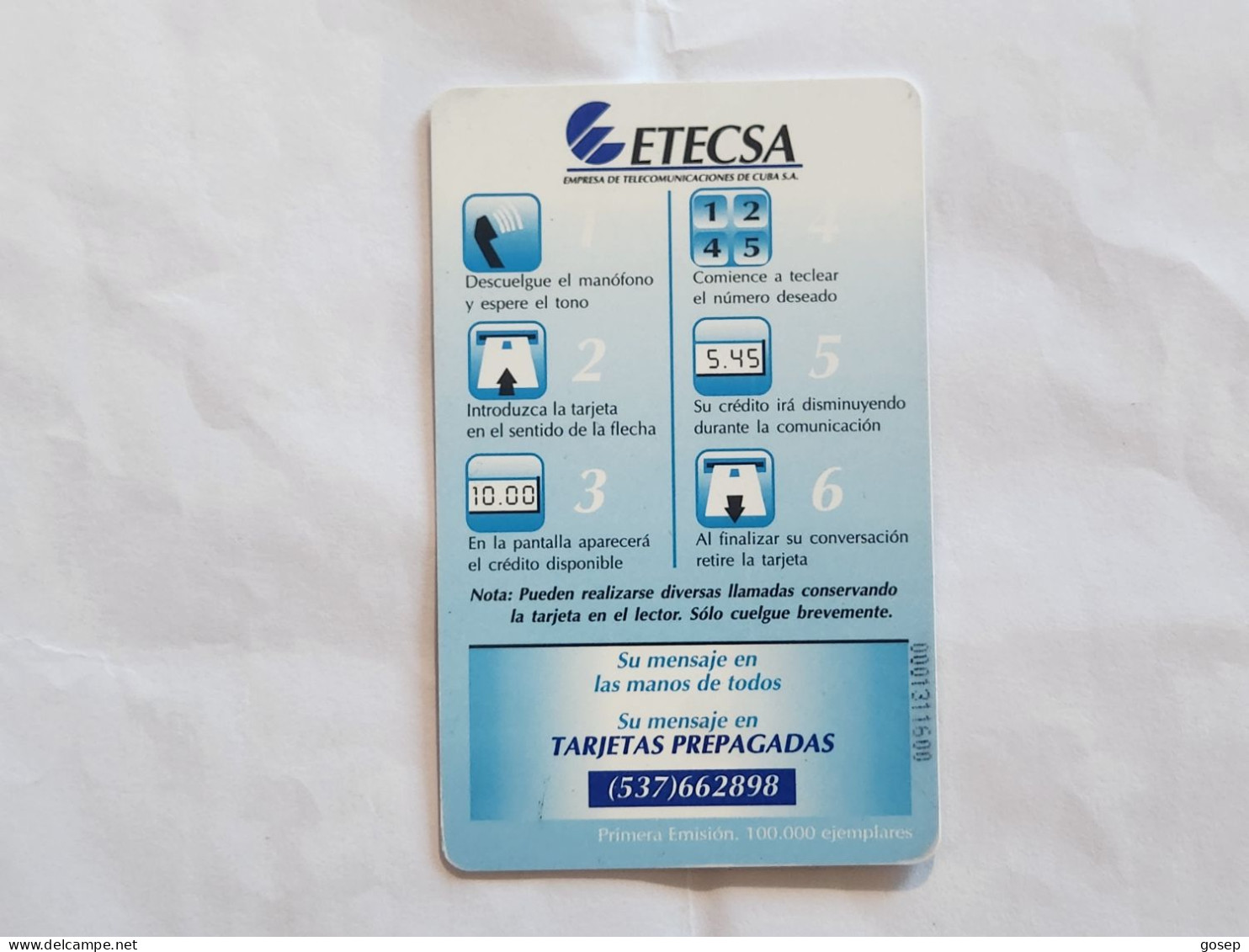 CUBA-(CU-ETE-0018B)-Banco Financiero-(81)-($10)-(0001311600)-used Card+1card Prepiad Free - Cuba