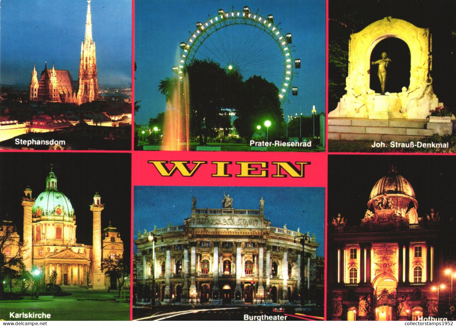 VIENNA, MULTIPLE VIEWS, ARCHITECTURE, CHURCH, GIANT WHEEL, STATUE, THEATRE, NIGHT, AUSTRIA, POSTCARD - Wien Mitte