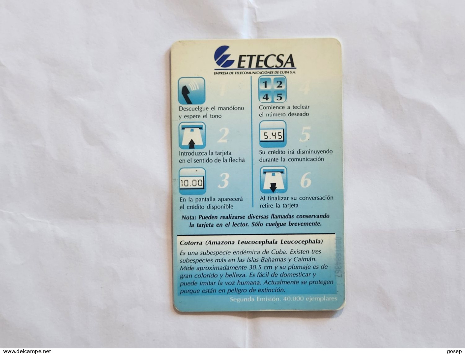 CUBA-(CU-ETE-0012A)-Cotorra-Amazona-(82)-($10.00)-(0001684867)-used Card+1card Prepiad Free - Cuba