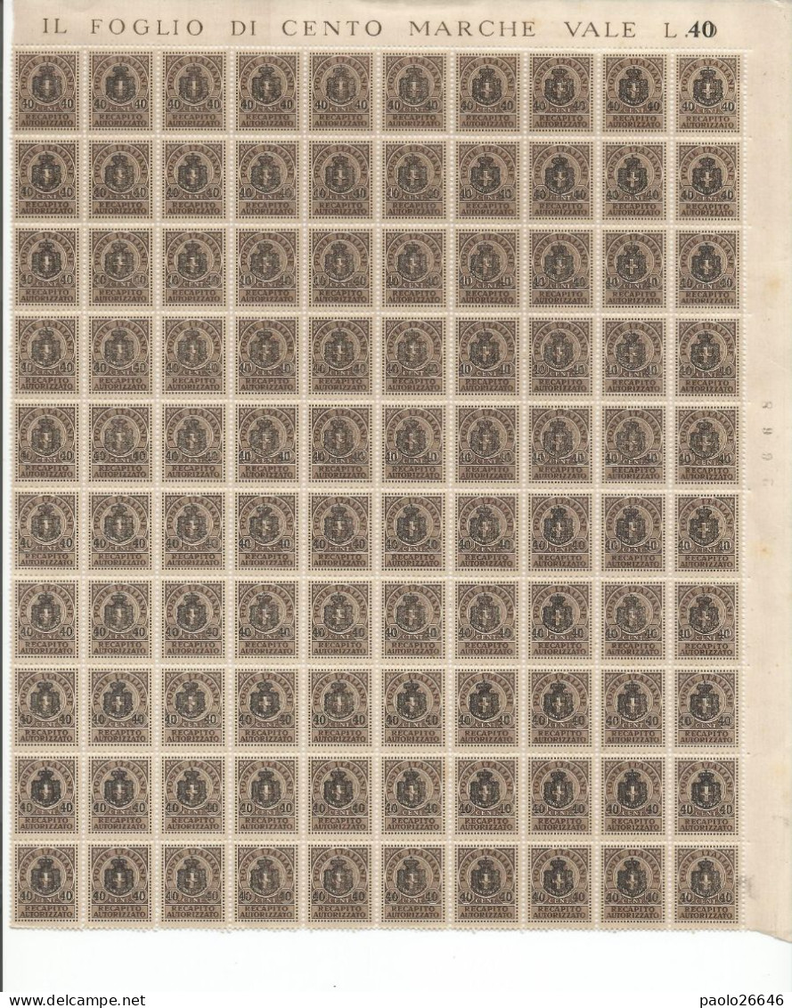 1945 Luogotenenza Recapito Autorizzato Blocco Di 100 Pezzi In Foglio MNH Gomma Integra - Recapito Autorizzato
